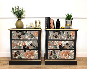 SOLD but similar items available for commission. Upcycled hand painted & decoupaged matching pair of bedside tables