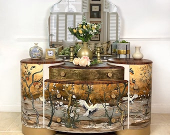 SOLD: Made to Order - Upcycled Decoupaged Vintage Dressing Table With Chinoiserie Mural and Gold Leaf Detail