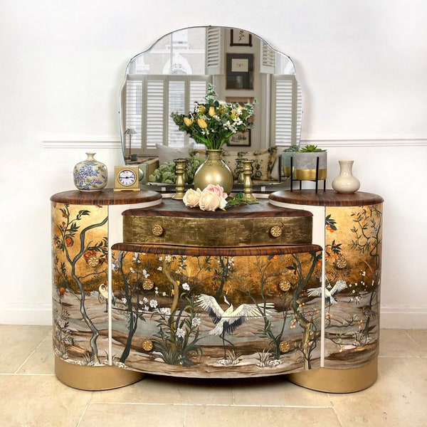 SOLD: Made to Order - Upcycled Decoupaged Vintage Dressing Table With Chinoiserie Mural and Gold Leaf Detail