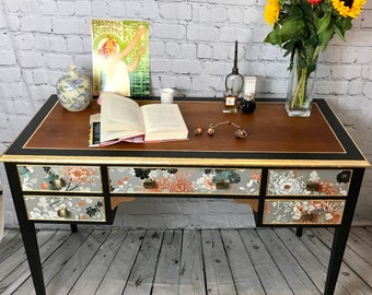 SOLD but similar items available for commission. Upcycled vintage dressing table / desk decoupaged in Jean-Paul Gaultier wallpaper