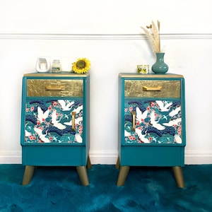 SOLD but similar items available for commission.  G Plan Nightstands / Bedside Tables with Decoupaged Chinoiserie Design and Gold Leaf