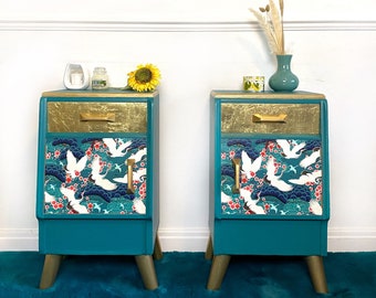 SOLD but similar items available for commission.  G Plan Nightstands / Bedside Tables with Decoupaged Chinoiserie Design and Gold Leaf