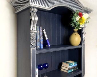 SOLD but similar items available for commission. Hand painted Gothic Bookcase in Midnight Blue with Silver Detail