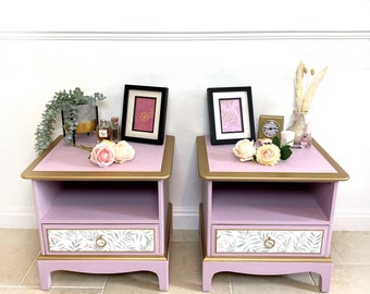 CLEARANCE SALE Upcycled hand painted and decoupaged pair of Stag bedside tables / cabinets / nightstands
