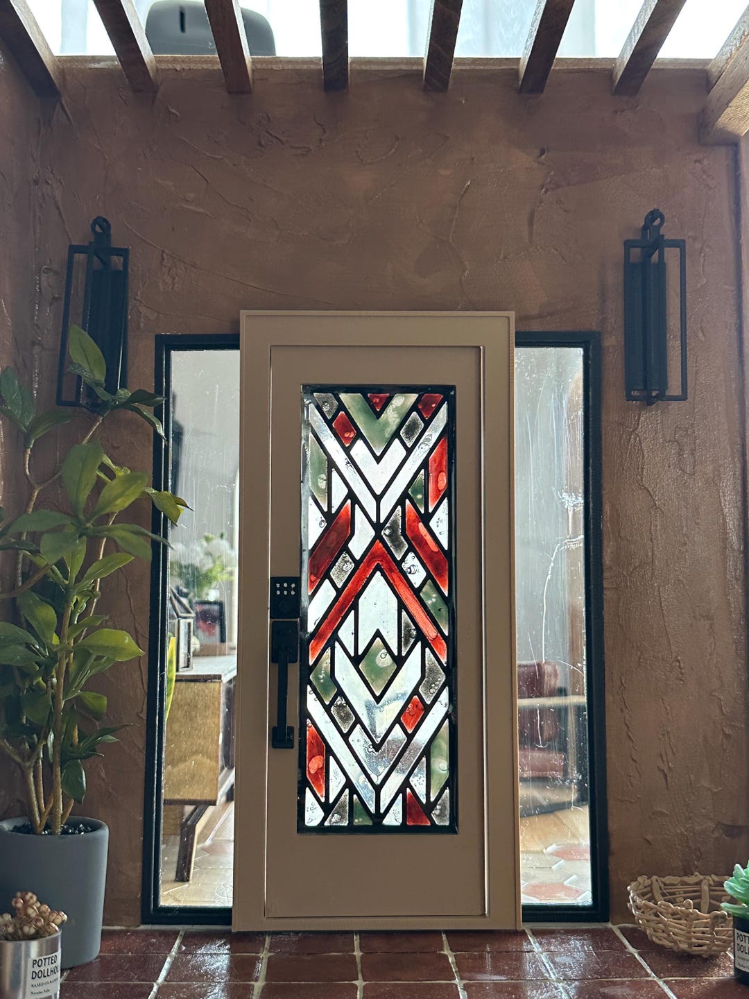 112 Dollhouse Modern ???stained Glass??? Front Door (style 5"wood"/red