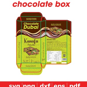 Op de afbeelding: Ontwerp van een chocoladedoos met de woorden "chocolate box" in het rood. De doos bevat de tekst "Chocolate Dubai" en "Kunafa Pistachio" met afbeeldingen van chocolade en pistachenoten. De doos bevat ook voedingsinformatie.