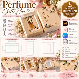 May include: A printable perfume gift box template featuring floral illustrations and the text Viola Eau de Parfum. Includes dielines for the outer box, inner tray, and insert, along with icons for AI, PDF, Canva, and EPS file formats.