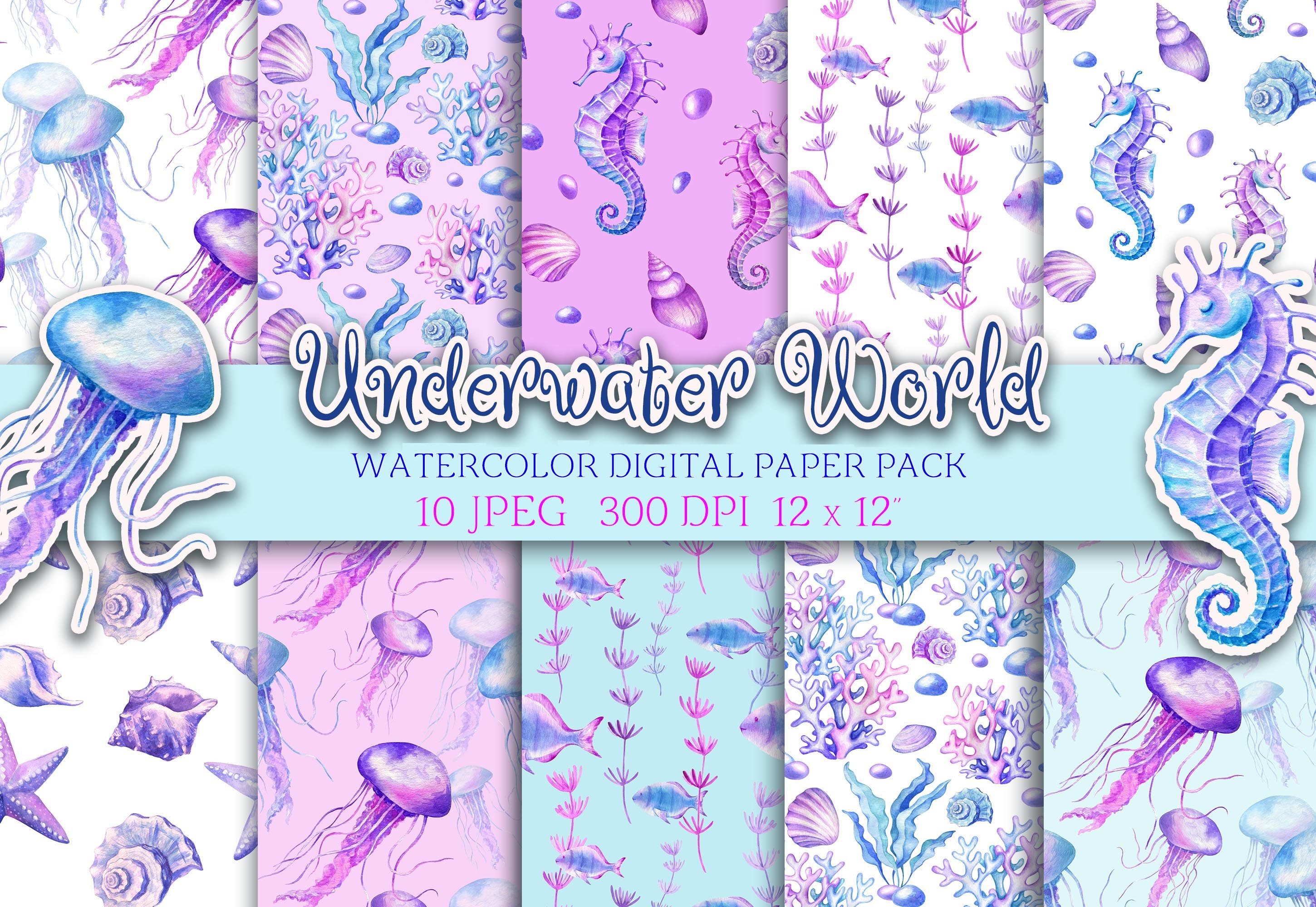 Watercolor digital paper underwater world animals sea ocean | Etsy