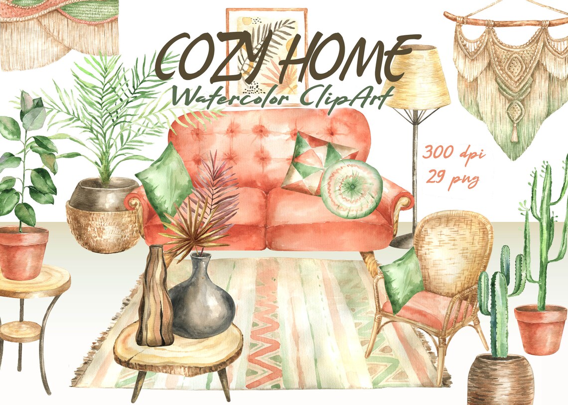 Watercolor boho home clipart cozy home decor clip art modern Etsy