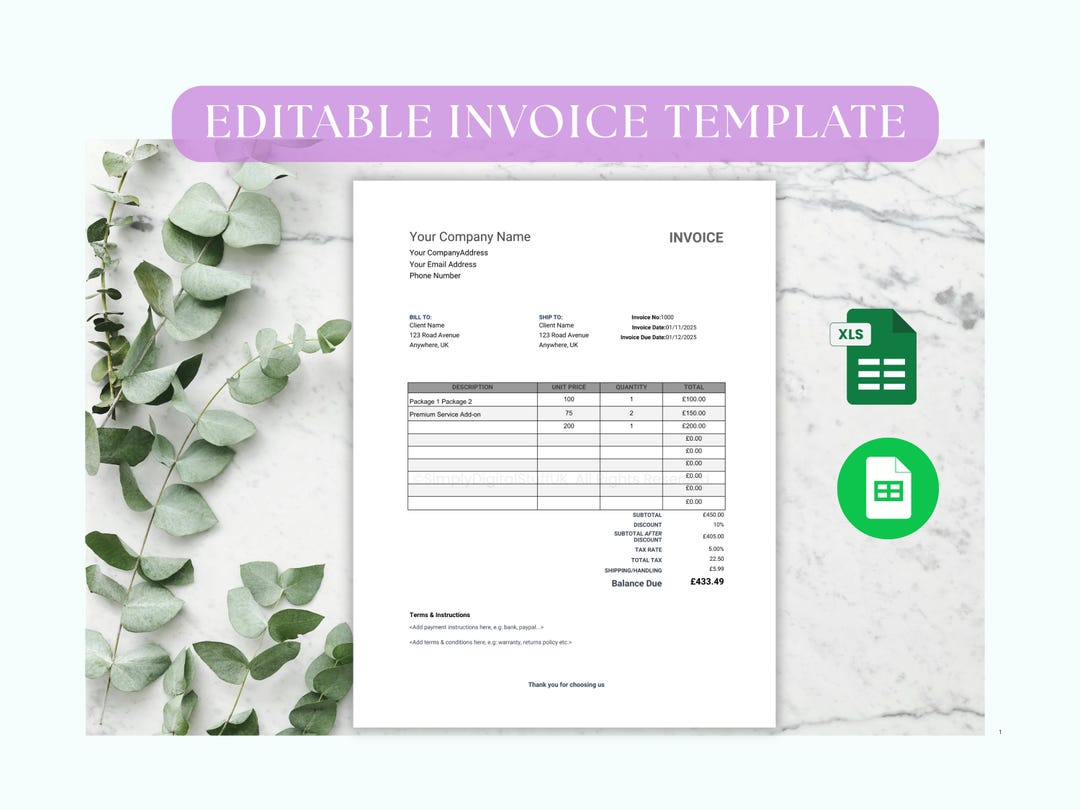 Editable Business Invoice Template | Google Sheets, Excel, PDF (digital ...