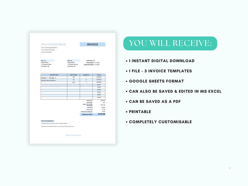 Editable Business Invoice Template | Google Sheets, Excel, PDF (digital ...