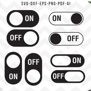 Puede incluir: Ocho iconos de interruptor de palanca en blanco y negro con las palabras "ON" y "OFF" mostradas en cada interruptor. Los iconos están dispuestos en dos filas de cuatro.