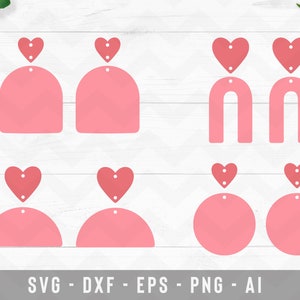 May include: A set of six pink earring designs featuring a heart, a half circle, a circle, and an arch shape. Each design has a small hole at the top for attaching an earring hook.