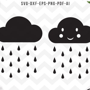 Puede incluir: Dos ilustraciones de nubes negras con gotas de lluvia cayendo de ellas. Una nube es simple y la otra tiene una cara sonriente.