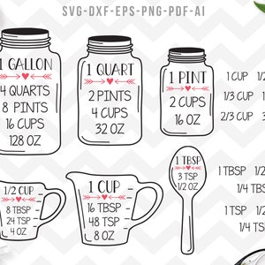 May include: Black and white line art illustration of various measuring cups and spoons with measurements in ounces, cups, pints, quarts, and gallons. The illustration includes text that reads "1 gallon", "1 quart", "1 pint", "1 cup", "1/2 cup", "1 tablespoon", "1 teaspoon", "1/2 teaspoon", and "1/4 teaspoon".