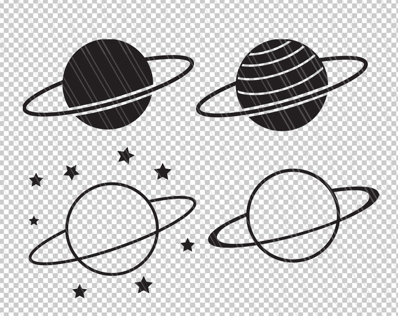 以下が含まれることがあります： リングのある惑星の白黒イラストが4つ。 上の2つの惑星は黒で塗りつぶされ、下の2つは輪郭が描かれています。 下の2つの惑星は小さな星で囲まれています。