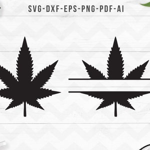 Pode incluir: Um design de monograma dividido em preto e branco com duas silhuetas de folhas de marijuana. As folhas são separadas por uma linha horizontal com espaço para texto.