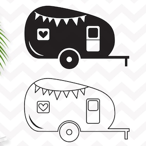 Peut inclure: Illustration en noir et blanc d'une caravane avec un cœur et une fenêtre. La caravane a une guirlande de drapeaux sur le toit.