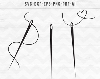 May include: Three black line drawings of needles and thread. The first needle has a loop of thread going through the eye of the needle and then forming a heart shape. The second needle has a straight line of thread going through the eye of the needle. The third needle has a loop of thread going through the eye of the needle and then forming a curved line.