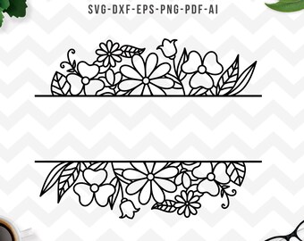 Könnte beinhalten: Ein schwarzer und weißer floral geteilter Monogrammrahmen mit einem leeren Raum in der Mitte für Text. Der Rahmen besteht aus Blumen, Blättern und Ranken.