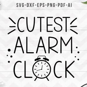 May include: Black and white graphic design with the text "CUTEST ALARM: CLOCK" and a black alarm clock with white hands and numbers.