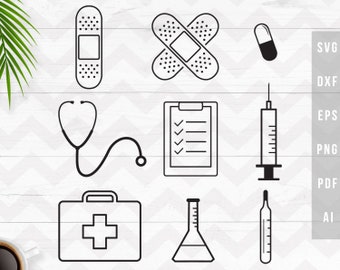 医療用SVG、医療用クリップアート、医療用アイコン、バンドエイド聴診器SVG、ナースキット、注射器、健康、クリカットシルエットSVG、DXF、PNG、PDF、AI、EPS