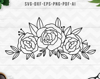 May include: A black and white line drawing of a bouquet of three stylized flowers with leaves. The flowers are arranged in a semi-circle shape.