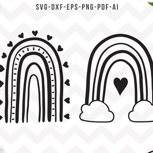 Peut inclure: Deux illustrations de rainbows en noir et blanc. Le premier arc-en-ciel a un motif de cœur autour des bords et un motif de points à l'intérieur. Le deuxième arc-en-ciel a des nuages en bas et un cœur au centre.