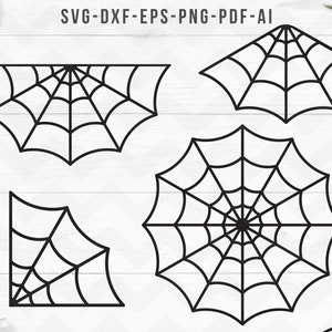 Peut inclure: Quatre motifs de toile d'araignée noirs et blancs. Les motifs comprennent une toile circulaire complète, une toile d'angle et deux toiles en demi-cercle.