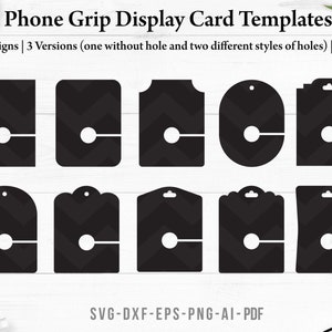 May include: Black phone grip display card templates in various shapes, including rectangular, oval, and arched designs. Each card features a white circle and a horizontal line for grip placement. The cards are 3 inches by 4 inches.