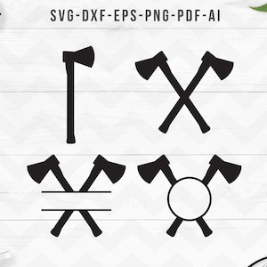 May include: Four different designs of black axe silhouettes. The first design is a single axe standing upright. The second design is two axes crossed. The third design is two axes crossed with a space for a name. The fourth design is two axes crossed with a circle in the center.