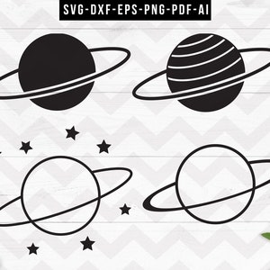 May include: Four black and white illustrations of planets with rings. Two planets are filled in black, and two are outlined in black. The planets are surrounded by stars.