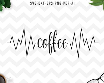 コーヒー svg、コーヒーのハートビート svg、コーヒー愛好家 svg、ハートビート svg、コーヒー愛 svg、クリカット シルエット カッティング ファイル - SVG、Dxf、Png、pdf、ai、eps