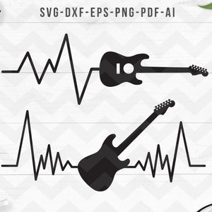 Heartbeat svg, gitaar hartslag svg, hartslag svg, muziek hartslag svg, muziek svg, Cricut silhouet snijden bestanden, muziek gitaar png dxf