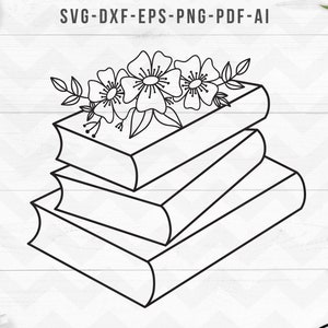 May include: A stack of three books with a floral design on top. The flowers are white and have a simple, line-art style.