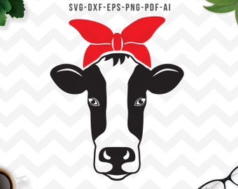 Kviga med bandana svg, Ko svg, Gård svg, Ko ansikte huvud clipart, kviga tack, Cricut Silhouette klippfiler -svg,dxf,png,pdf,ai,eps