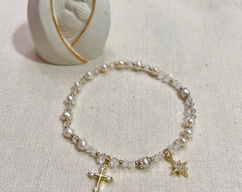 Dainty Freshwater Pearl Gold Rosary Bracelet  June Birthstone bracelet