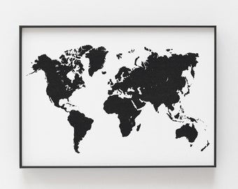 carte du monde noir et blanc | carte noire | art mural imprimable