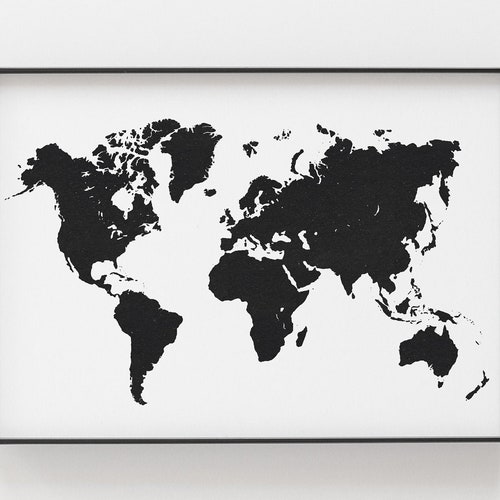 Black and White World Map Print Black Map Printable Wall - Etsy
