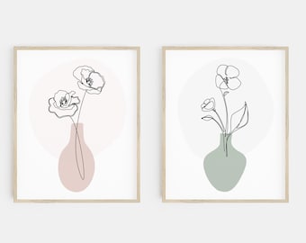 floral prints set of 2 | sage green wall art | green and pink wall art