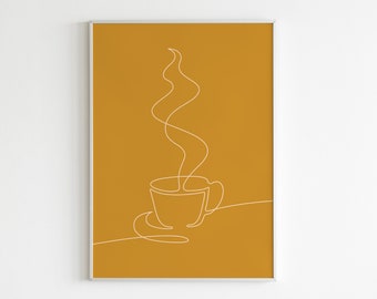 mustard kitchen wall art | coffee cup print | coffee art | one line print | printable wall art