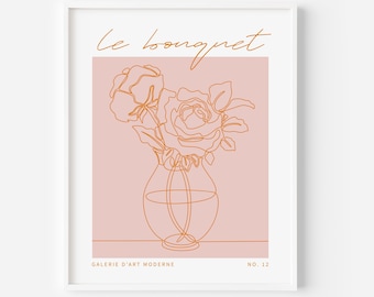 le bouquet floral print | pink line art print | pink and orange wall art