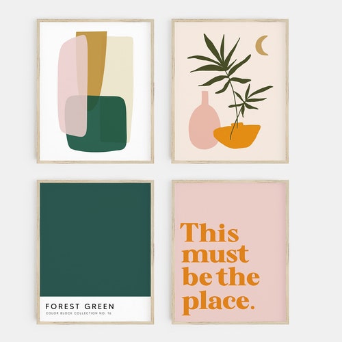 Pink and Green Prints Pink Wall Art Set of 4 Prints Etsy