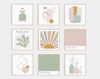 gallery wall set | pink and green prints | square print set | set of 9 prints