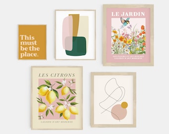 gallery wall set | colorful wall art | pink and green prints | exhibition poster set
