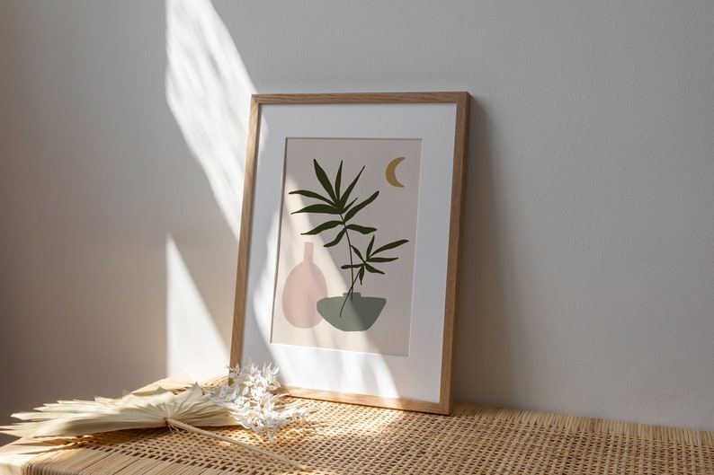 green and pink wall art boho art print sage green decor
