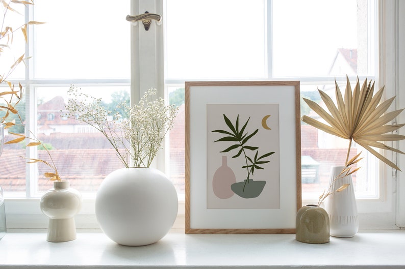 green and pink wall art boho art print sage green decor