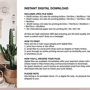Pode incluir: Download digital instant&acirc;neo de arquivos imprim&iacute;veis em formato JPEG. Os arquivos s&atilde;o de alta resolu&ccedil;&atilde;o (300 dpi) e est&atilde;o dispon&iacute;veis em v&aacute;rios tamanhos, incluindo 40,6 x 50,8 cm, 45,7 x 61 cm, 50,8 x 76,2 cm e A2. O texto explica como imprimir os arquivos e como receb&ecirc;-los ap&oacute;s a compra.
