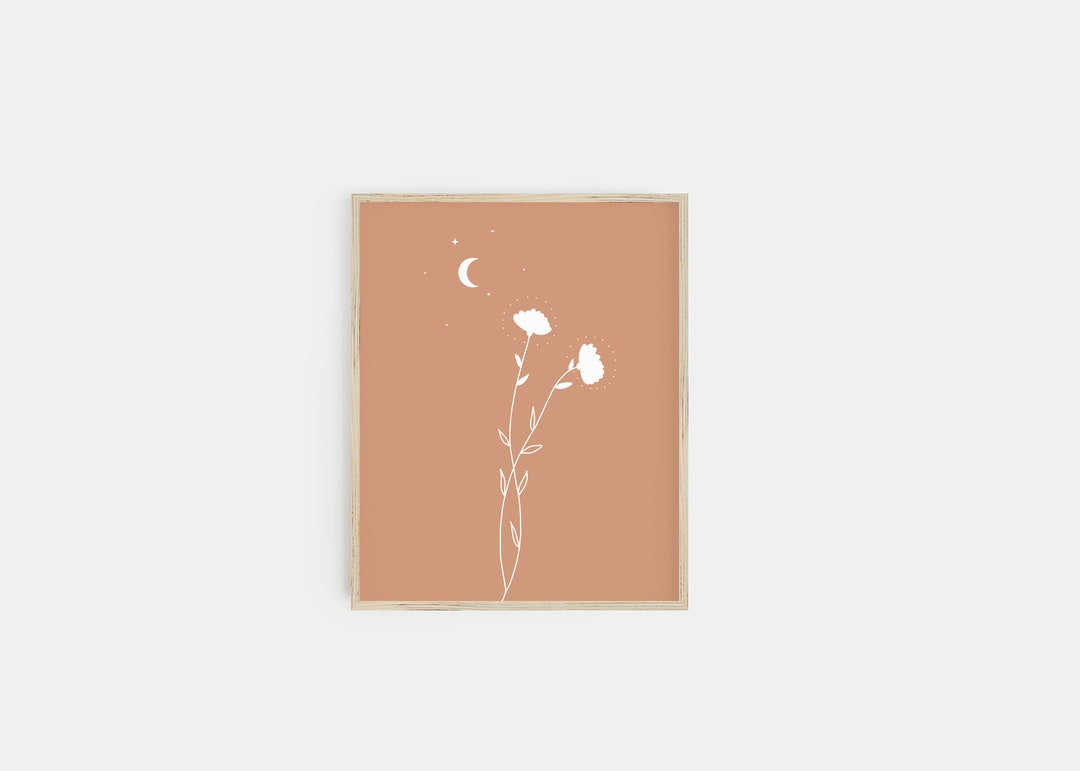 Moon and Flowers Art | Celestial Print | Minimal Flower Print - Etsy