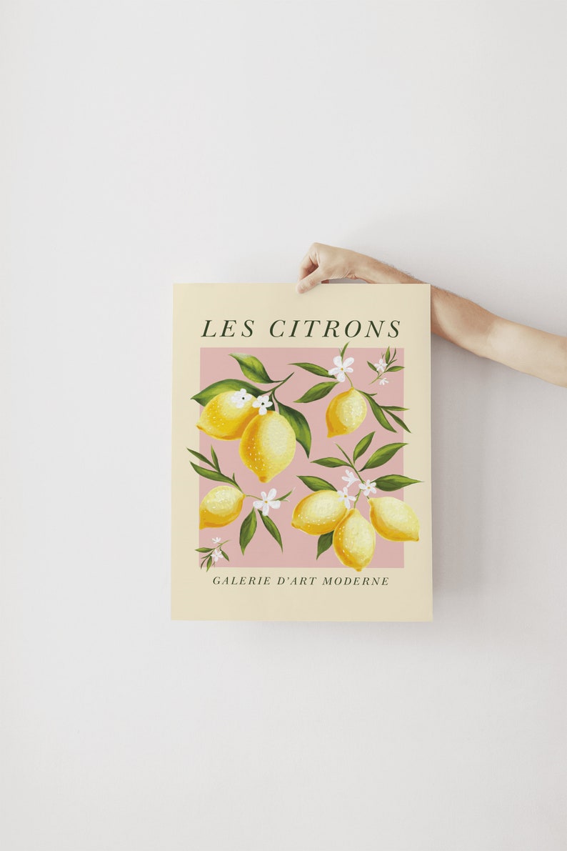 Pode incluir: Um p&ocirc;ster de estilo vintage com fundo rosa que apresenta uma &aacute;rvore de lim&atilde;o com lim&otilde;es amarelos e flores brancas. O texto "LES CITRONS" est&aacute; no topo do p&ocirc;ster e "GALERIE D'ART MODERNE" est&aacute; na parte inferior.